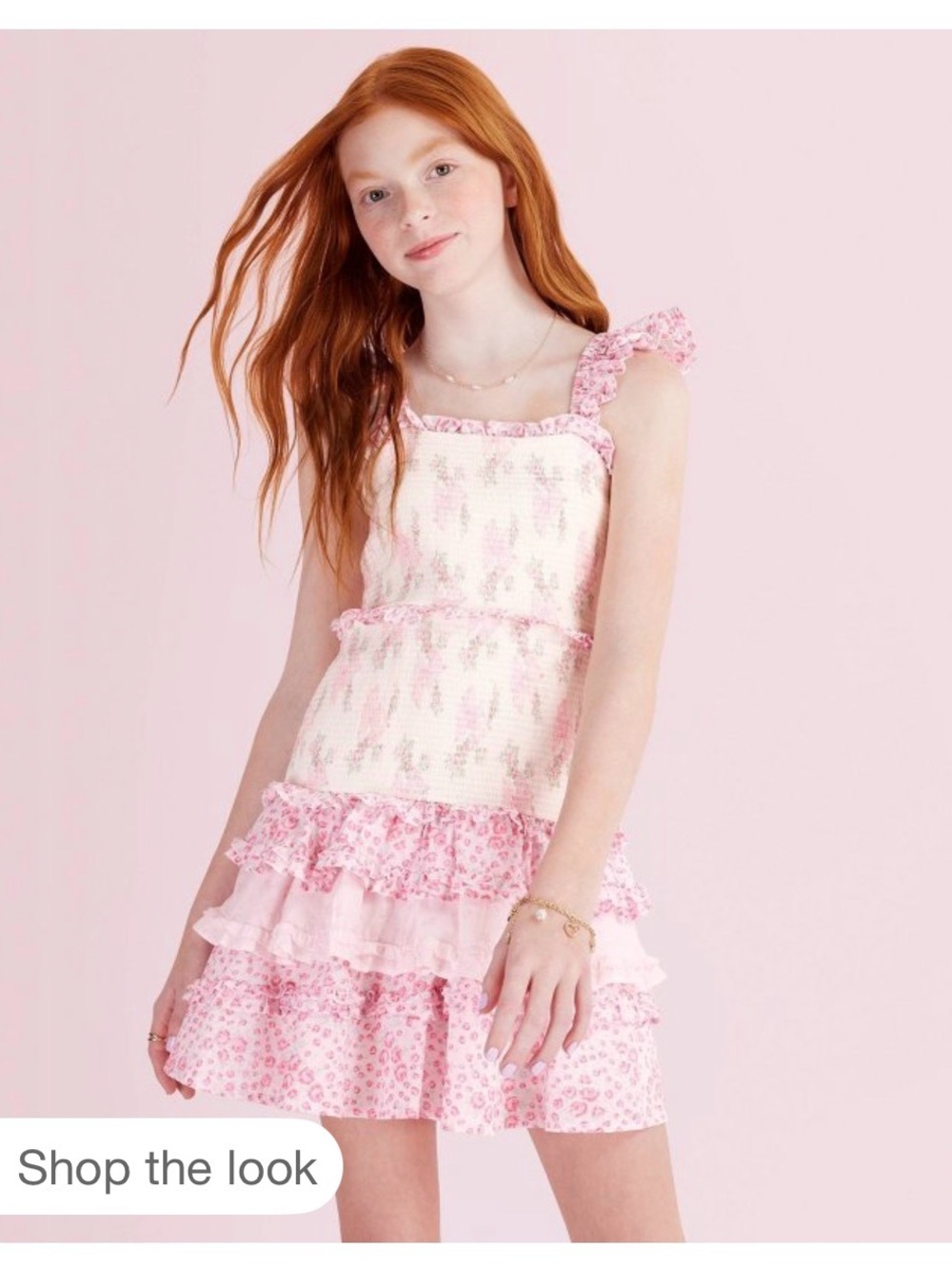 LoveShackFancy x target girls pink smocked tired ruffle floral dress NWT size 14